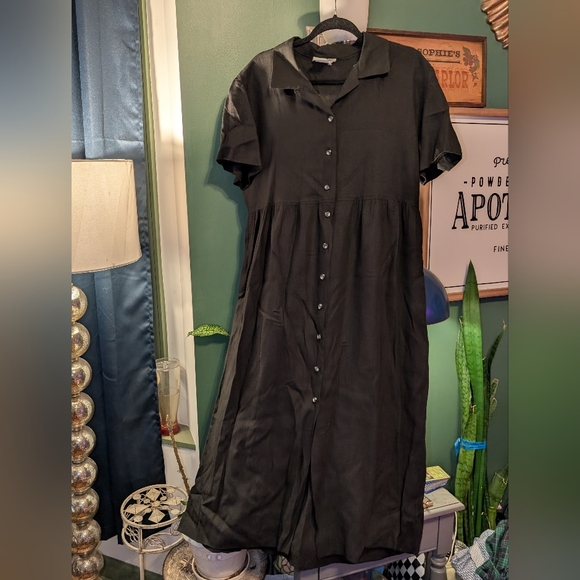 Spencer Tyler Vintage 100% Linen Black Shirt Dress Cottagecore Prairie Button XL - Picture 1 of 12